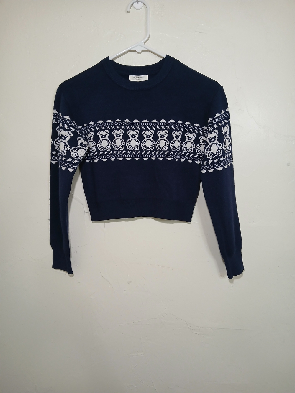 No Comment Girls Navy Fair Isle Teddy Bear Pattern Sweater S(7-8) NWT